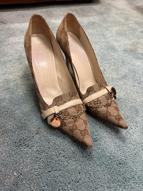 Gucci Shoes - Gucci Brown Monogram Pointed Toe Pumps with Gold Chain Charm